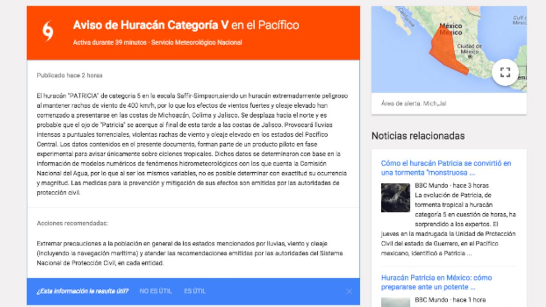 En cuanto a la ubicación de refugios, hospitales y rutas de evacuación, Google también proporcionará esa información en su Mapa de Crisis en la que ya tiene un trazo de la posible trayectoria del huracán.