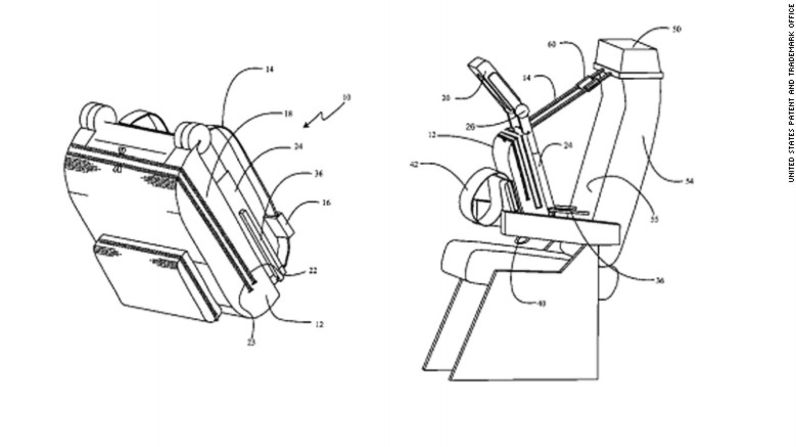 Sistema de apoyo para dormir en posición vertical – Para no ser superado, Boeing ha presentado su cuota de patentes excéntricas, tales como su "sistema de apoyo para dormir en posición vertical". Su propósito es ayudar a los pasajeros a descansar durante un vuelo al permitirles apoyarse hacia adelante en un cojín que tiene un agujero para acomodar los ojos, la nariz y la boca.