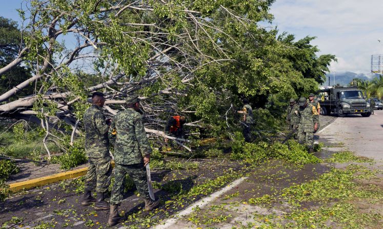 Soldados mexicanos trabajan para remover un árbol derribado por los vientos del huracán Patricia en el principal boulevard de Manzanillo, Colima.