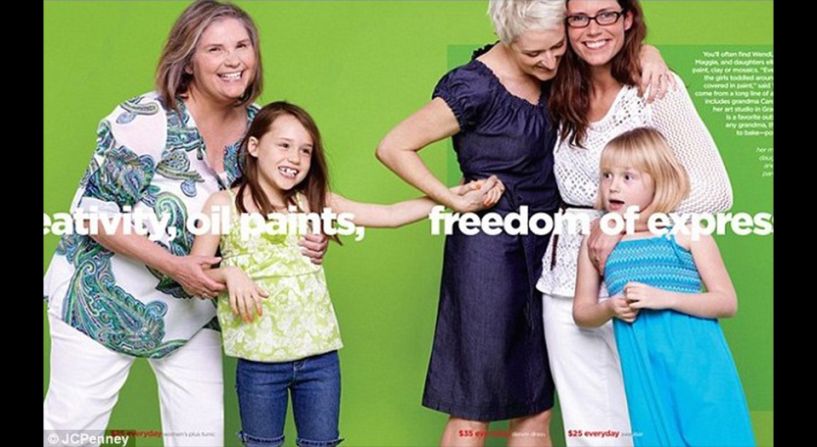 Campaña del Día de la Madre de JCPenney, 2012: Cuando el gigante minorista JCPenney nombró a Ellen DeGeneres como su embajadora de la marca en el 2012, marcó un cambio fundamental en las actitudes hacia las mujeres lesbianas, quienes a menudo han sido completamente invisibles en la representación convencional. Para su campaña 2012 del Día de la Madre, presentaron a "Wendi, a su pareja Maggie y a sus hijas", y ambas mujeres usan alianzas matrimoniales, lo cual atrajo la atención hacia la pareja lesbiana como madres que deben ser homenajeadas.