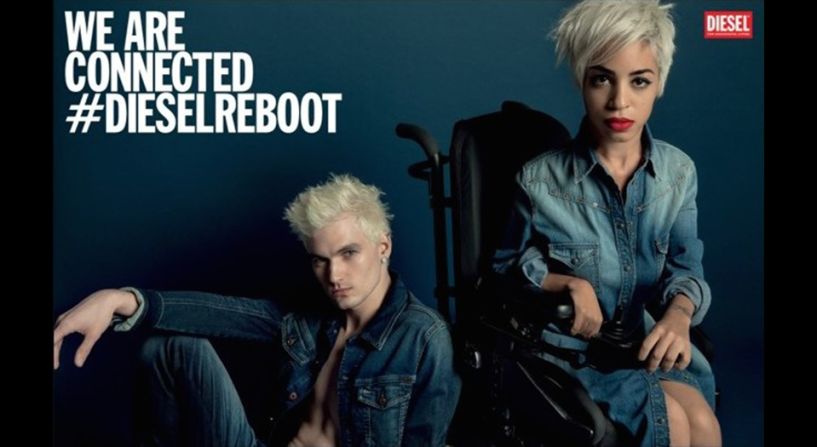 Diesel SS14 por Inez & Vinoodh: Presentando a Jillian Mercado en su silla de ruedas junto a su compatriota, el modelo James Astronaut para la campaña SS14 de Diesel les ofreció a las personas con discapacidades el tipo de visibilidad que rara vez se experimenta en la moda. Nicola Formichetti, el director creativo de la marca, dijo: "El hecho de tomarla en cuenta en una campaña es como si una marca mundial dijera 'esta chica es igual de genial que el chico que está sentado al lado de ella'. Tiene que ver con ensalzar una cosa normal, mostrando la realidad de donde vivimos y puede ser muy poderosa".