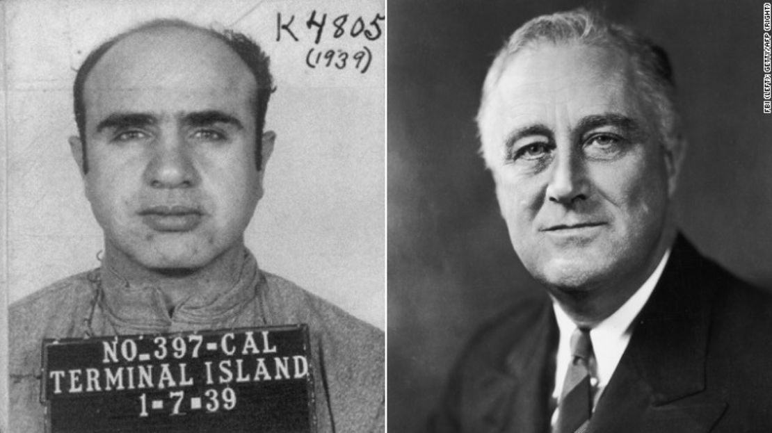 Foto policial de Al Capone, a la izquierda, y el presidente Franklin D. Roosevelt, a la derecha