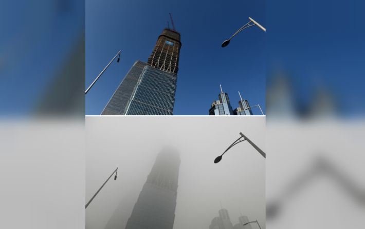 Así se ve un rascacielos en Beijing bajo la severa contaminación.