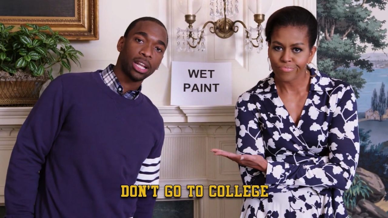 title: Go To College Music Video (with FIRST LADY MICHELLE OBAMA!)  duration: 00:02:03  site: Youtube  author: null  published: Thu Dec 10 2015 07:00:10 GMT-0500 (Eastern Standard Time)  intervention: no  description: College is awesome. If you don?t believe us just ask the First Lady of the United States and SNL?s Jay Pharoah.    See more http://www.collegehumor.com  LIKE us on: http://www.facebook.com/collegehumor  FOLLOW us on: http://www.twitter.com/collegehumor  FOLLOW us on: http://www.collegehumor.tumblr.com  Subscribe to our new channel: CH2: https://www.youtube.com/ch2    cast:     First Lady Michele Obama  Jay Pharaoh  Morgan Meadows  Mahlon Raoufi    crew:    Director - Tim Wilkerson, Spencer Griffin  Producer - Julia Bales  Music Composer - The Gregory