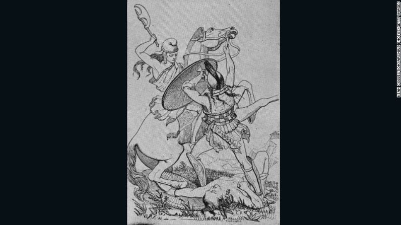 Guerrera del siglo XIX – Una guerrera amazona sobre un caballo blande su hacha de guerra para atacar a un guerrero enemigo, en esta ilustración del siglo XIX realizada por T. Williams.