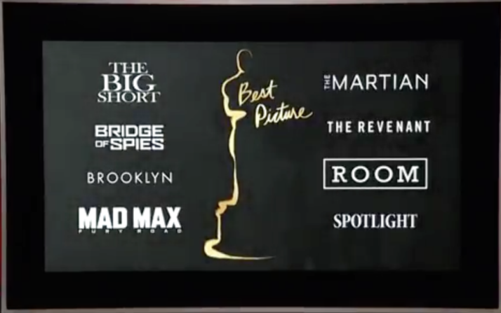 Mejor película: The Big Short, Bridge of Spies, Brooklyn, Mad Max: Fury Road, The Martian, The Revenant, Room, Spotlight.