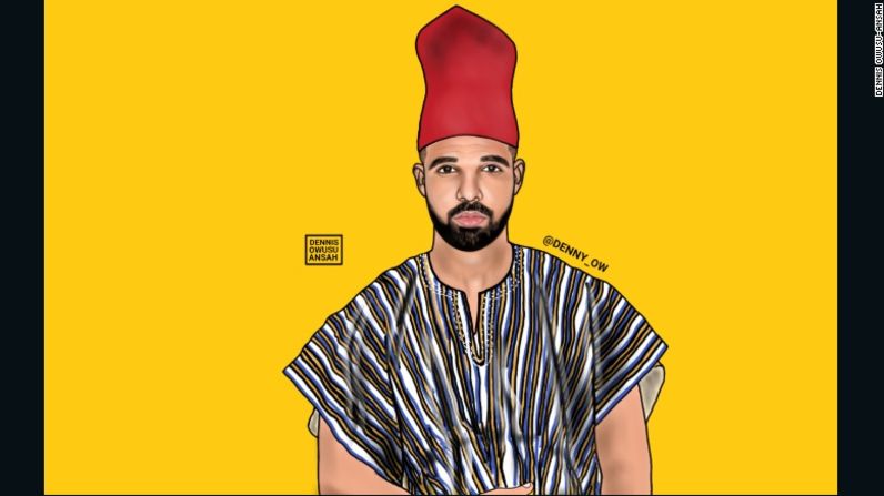 Al ilustrar a artistas con atuendos africanos, Owusu-Ansah tiene la esperanza de que esto haga tomar conciencia de la cultura africana. Aquí, él reproduce a Drake, o en este caso, Aubrey Drake Abdul-Salam Graham.