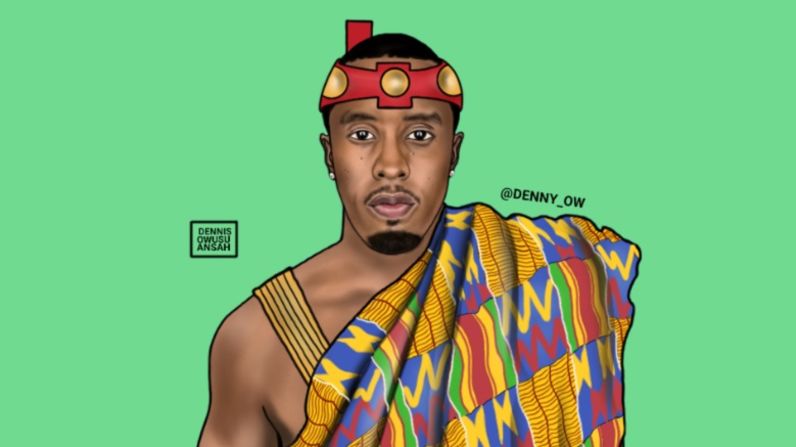 Al hacer que África sea accesible a través del arte pop contemporáneo, Owusu-Ansah ha creado a P Diddy y le ha dado un nombre africano: Sean Puffy Nana Antwi Combs.