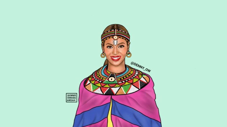 Él no solamente pintó a los artistas con prendas africanas auténticas sino que les dio nombres africanos. Beyoncé ha sido nombrada Beyoncé Lankenua Carter.