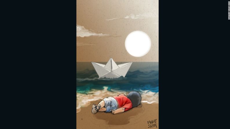 Murat Sayin, un artista que vive en Turquía, creó esta ilustración como tributo a Kurdi: "Ver a un niño que estaba huyendo de la guerra y la muerte... supongo que las imágenes hablan por sí solas".