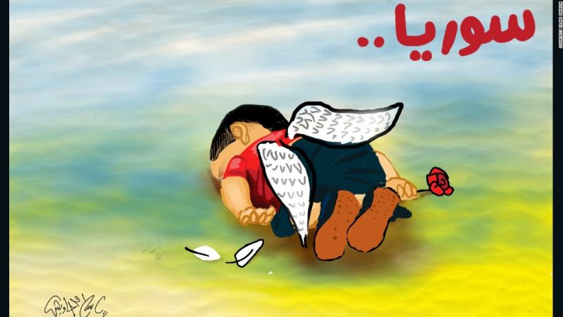 Una ilustración de Islam Gawish, un caricaturista egipcio: "Este niño que quería libertad, murió a causa del miedo a la muerte, la guerra de la que no formaba parte".