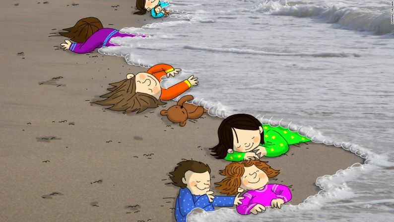 La caricaturista iraní y animadora Mahnaz Yazdani dijo que cambió "el agua cruel, salvaje y fría por una cobija segura y cálida para que los niños muertos pudieran dormir en ella".