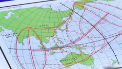 Officials display a map of the planned trajectory across the Indonesian archipelago of the upcoming March 9 total solar eclipse at a press briefing by the Indonesian Agency for Meteorological, Climatological and Geophysics at their headquarters in Jakarta on February 11, 2016. A total solar eclipse will occur on March 9 and can only be seen from parts of Indonesia.     AFP PHOTO / Bay ISMOYO / AFP / BAY ISMOYO