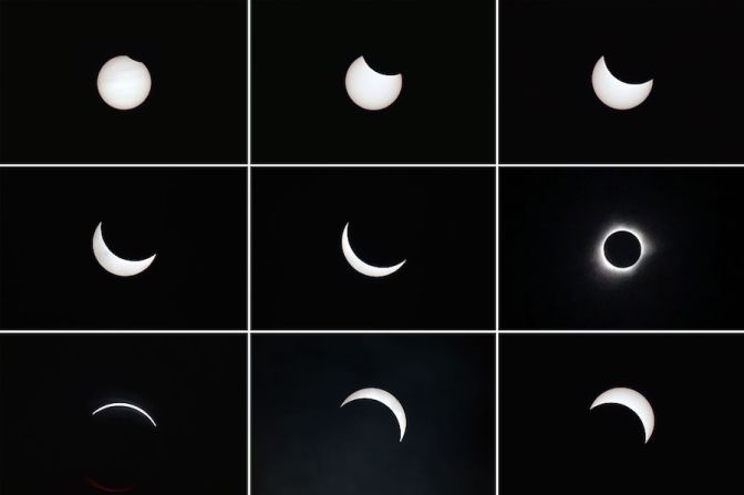 La imagen muestra los distintos momentos del paso de la Luna entre el Sol y la Tierra (BAY ISMOYO/AFP/Getty Images).