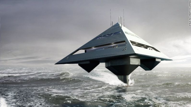 Pirámide flotante – Al tomar su nombre de la forma geométrica, el Tetrahedron Super Yacht es una pirámide flotante que parece haber aterrizado del espacio exterior, fusionando el mundo de la aviación y el marítimo.