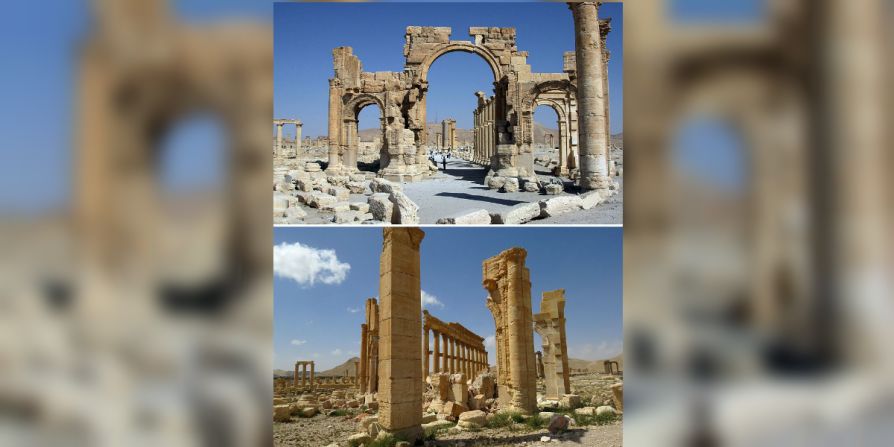 Una combinación de imágenes muestra en la parte de arriba una foto del 19 de junio de 2010 en el Arco del Triunfo de Palmira. En la parte de abajo las ruinas que quedaron tras la toma de ISIS en octubre de 2015.