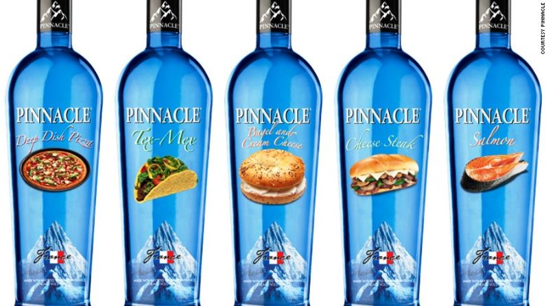 Pinnacle ha anunciado una línea de vodkas saborizados, incluyendo pizza de masa gruesa, salmón y filete de queso.  ¡Mmm!.