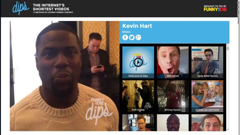 ¿Acaso los videos de seis segundos de Vine son muy largos para ti? Funny or Die introdujo "Dips", el cual dura 1,5 segundos e incluye videoclips de Kevin Hart, Will Ferrell, Jennifer Lawrence y otras docenas de celebridades.