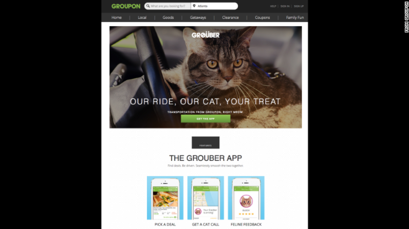 Groupon lanzó "Grouber", un servicio tipo Uber que cuenta con automóviles conducidos por gatos, guiados por punteros láser asistidos por GPS. ¿Qué podría salir mal?.