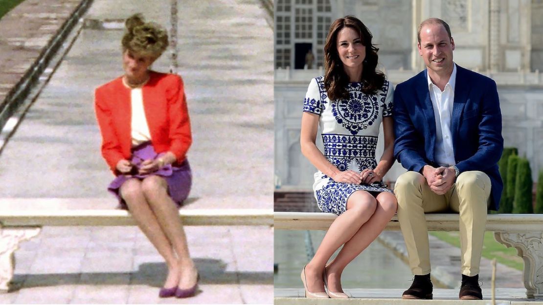 La foto de la princesa Diana fue tomada en febrero de 1992; los Duques de Cambridge posaron en el mismo lugar en abril de 2016.