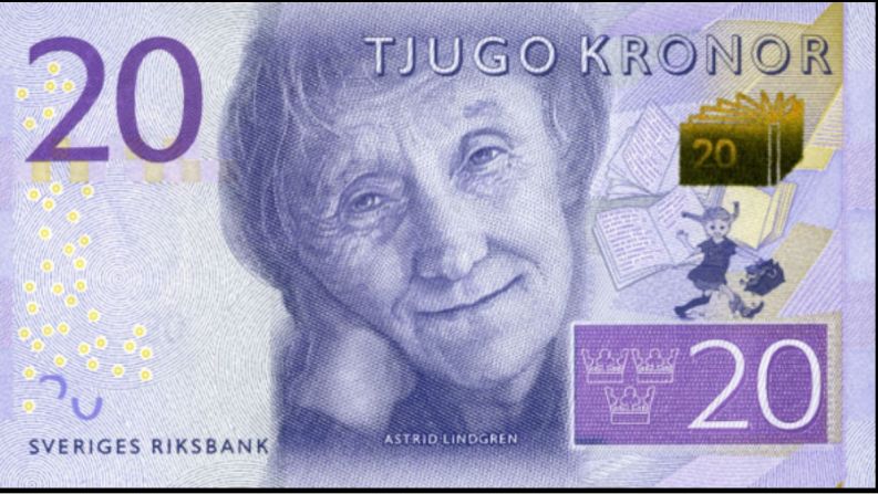 El billete de 20 coronas suecas tiene en el frente a la escritora Astrid Lindgre. Empezó a circular el 1 de octubre de 2015.