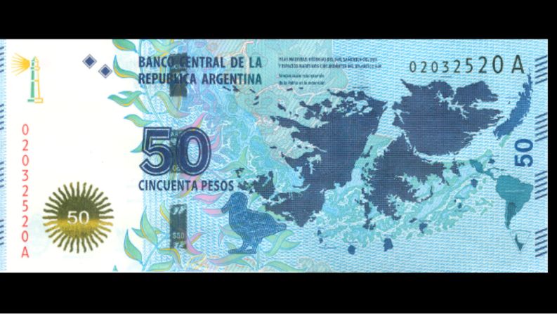 El billete de 50 pesos de Argentina tiene el motivo de las Islas Malvinas, las Islas Georgias del Sur, las islas Sandwich del Sur y varios espacios marítimos circundantes del Atlántico Sur. Empezó a circular en marzo de 2015.