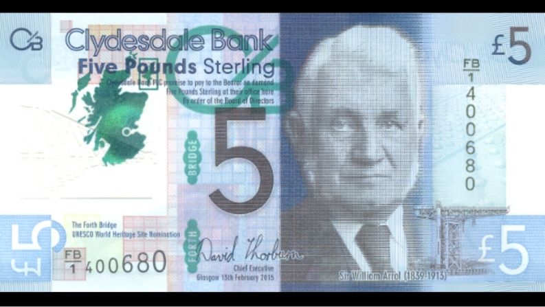 El billete de 5 libras de Escocia tiene en una de sus caras al ingeniero William Arrol (1839-1913), constructor de caminos, canales y puertos en ese país y líder del Partido Liberal del Reino Unido. Empezó a circular el 23 de marzo de 2015.