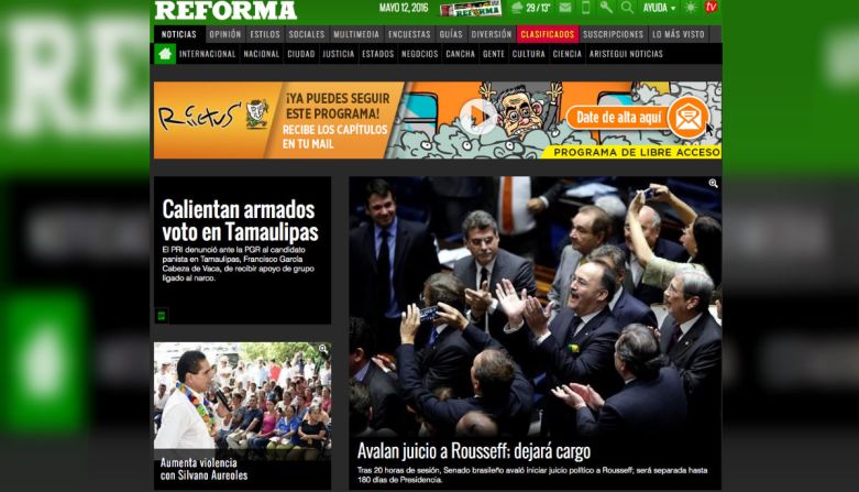 Reforma, México: Con una fotografía de la votación en el Senado brasileño, el diario mexicano titula "Avalan juicio a Rousseff; dejará el cargo".