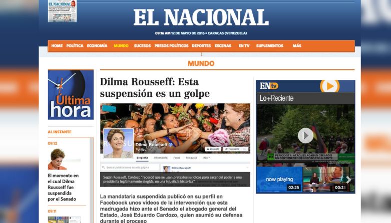 El Nacional: el diario venezolano resalta las declaraciones de la presidenta destituida Dilma Rousseff: "Esta suspensión es un golpe".