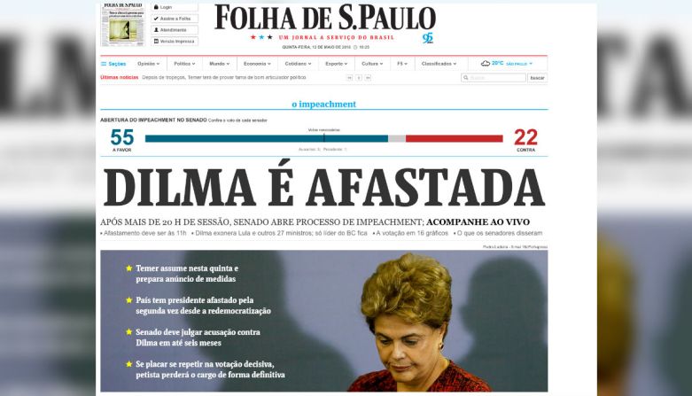 Folha, Sao Paulo: el diario local dice que después de más de 20 horas de sesión, el Senado de Brasil abrió el proceso de 'impeachment' contra Rousseff.