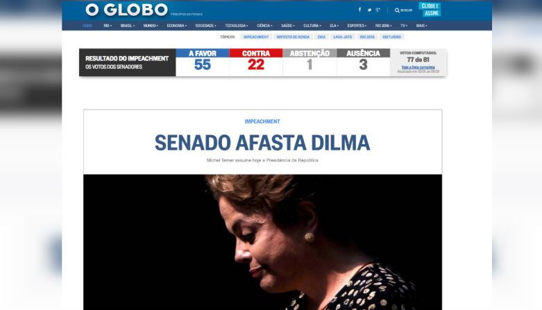 O Globo: Otro de los diarios más importantes de Brasil informa que será Michel Temer quien asumirá la presidencia luego de que el Senado 'eliminara' a Dilma.