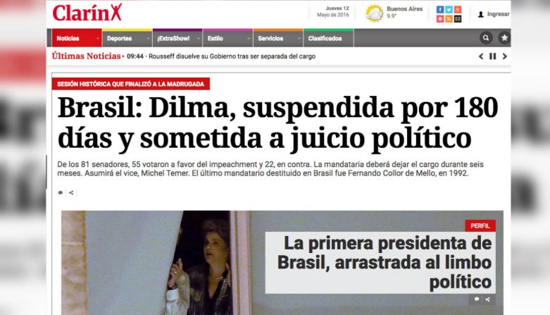 Clarín, Argentina: El diario argentino destaca que Dilma, la primera mujer presidenta de Brasil fue “arrastrada al limbo político”, luego de su suspensión este jueves.