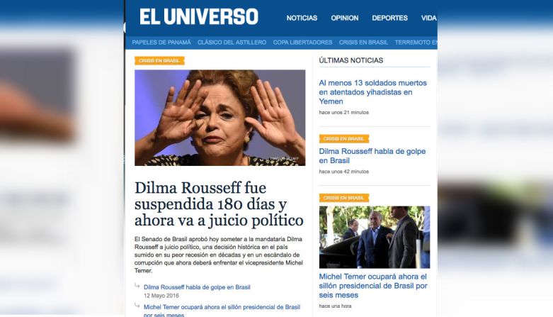 El Universo, Ecuador: El diario ecuatoriano resalta la destitución como una “decisión histórica en un país que está sumido en su peor recesión en décadas".