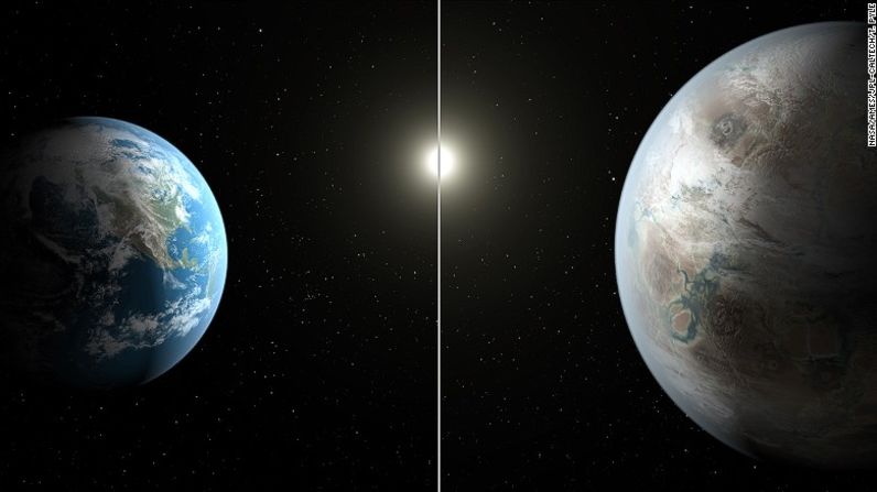 Este concepto artístico compara la Tierra (izquierda) con Kepler-452b, que es un 60% más grande. Ambos planetas orbitan una estrella tipo G2 de casi la misma temperatura. Sin embargo, la estrella central de Kepler-452b tiene 6.000 millones de años, 1.500 millones de años más viejo que nuestro Sol.