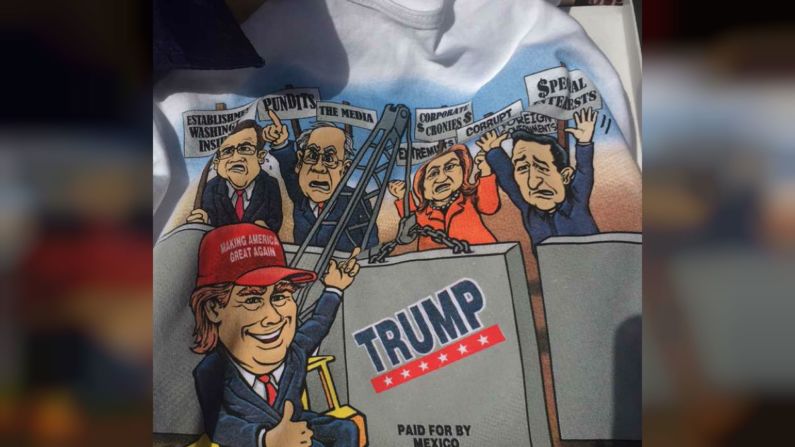 Estas son algunas de las camisetas alusivas a Donald Trump que se venden en los alrededores de la Convención Nacional Republicana en Cleveland. El precio: 20 dólares. Crédito: Marysabel Huston-Crespo/CNN