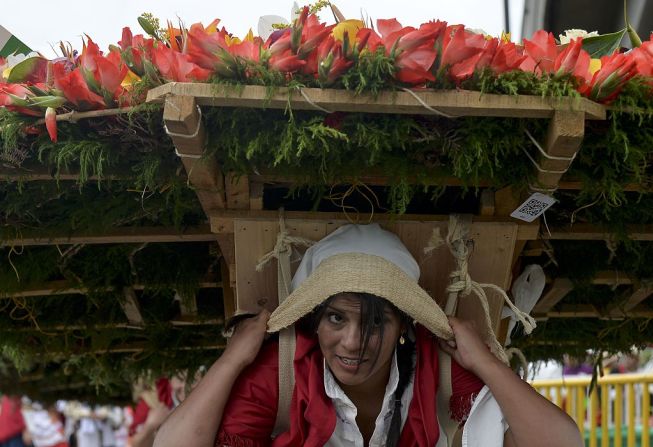 Esta mujer camina durante con una pesada silleta en sus espaldas durante el Desfile de Silleteros.