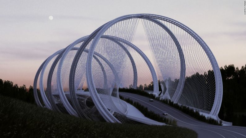 Puente San Shan diseñado por Penda, concepto (Beijing, China) – Un proyecto de colaboración entre Penda y la firma de ingeniería Arup, el puente cuenta con múltiples arcos y parte de su inspiración se debe al famoso símbolo de cinco anillos de los Juegos Olímpicos.