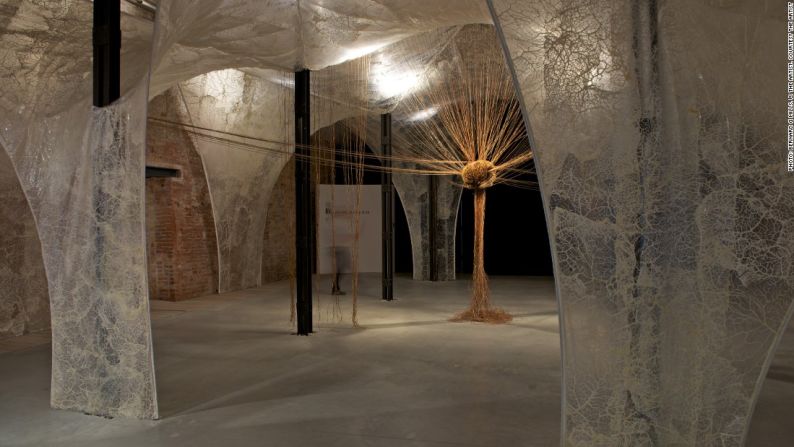 Haruspex' (2015) por Elpida Hadzi-Vasileva en el Pabellón Arsenale di Venezia, en la 56ª Exposición Internacional de Arte La Biennale di Venezia – Para su exposición individual en la Galería Djanogly en Nottingham, Elpida Hadzi-Vasileva muestra 'Haruspex' -una pieza encargada el año pasado para la Bienal de Venecia- que responde al verso de las escrituras "En el principio ... la Palabra se hizo carne". En el centro de la exposición hay una forma de cáliz hecha del estómago de una vaca.