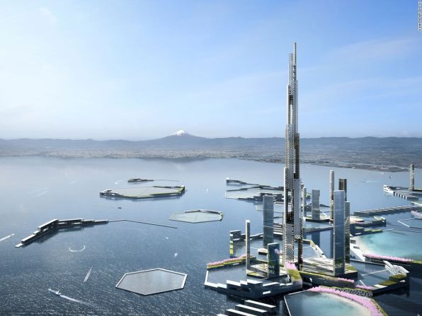 'Sky Mile Tower' (Torre de la Milla del Cielo), Tokio, Japón – El edificio de 1.600 metros es parte de un concepto de ciudad futurístico llamado 'Next Tokyo 2045', que visualiza una mega-ciudad flotante en la bahía de Tokio.