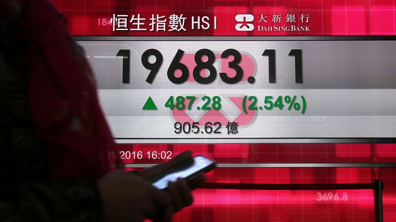 A man walks past an electronic sign displaying the Hang Seng Index (HSI) from the Hong Kong stock exchange on January 29, 2016. Hong Kong stocks rallied on January 29, ending a volatile month on a high, after Japan announced a surprise negative interest rate policy, effectively charging banks to store their cash in a bid to kickstart lending in the country. AFP PHOTO / ISAAC LAWRENCE / AFP / Isaac Lawrence