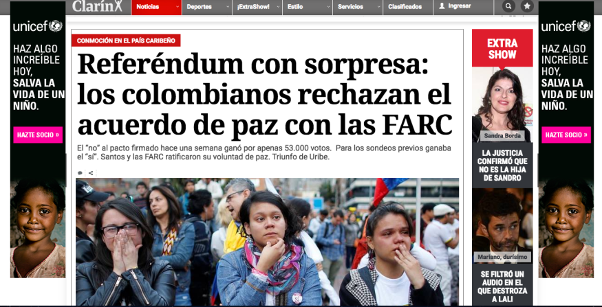 El referéndum en Colombia y la victoria del 'No' está presente en muchos medios de Latinoamérica y del mundo. Aquí vemos la portada del diario argentino Clarín.