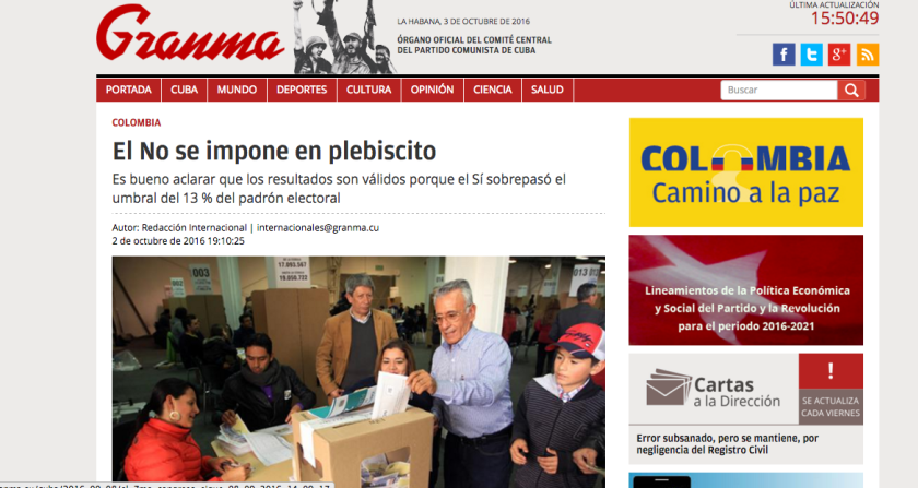 El diario oficial cubano Granma también recogió la noticia en su portada. Cuba fue la sede donde se llevaron a cabo las negociaciones de paz entre el gobierno y las FARC.