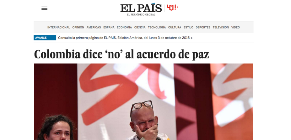 El español El País abre con la victoria del 'No' en Colombia.