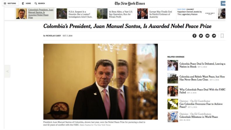 The New York Times — “El presidente de Colombia Juan Manuel Santos ganó el Premio Nobel de la Paz por buscar un acuerdo para acabar con un conflicto de 52 años con las FARC”.