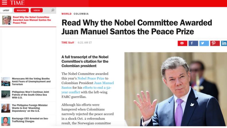 Time — “Lea por qué el Comité del Nobel le otorgó el Nobel de la Paz a Juan Manuel Santos”.