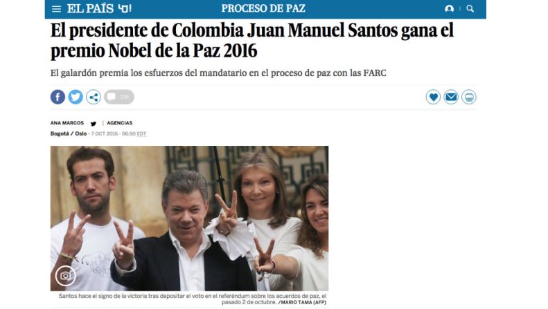 El País — “El galardón premia los esfuerzos del mandatario en el proceso de paz con las FARC”.