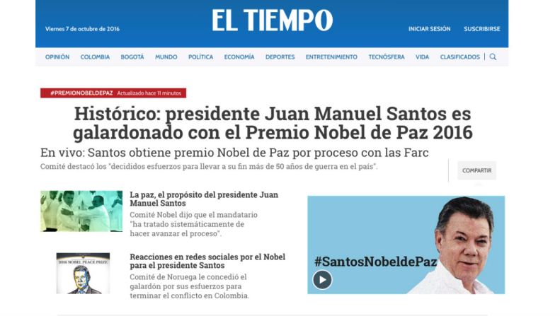 El Tiempo, Colombia — “El Comité destacó los "decididos esfuerzos para llevar a su fin más de 50 años de guerra en el país".