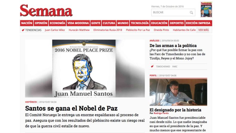 Semana, Colombia — “El Comité Noruego le entrega un enorme espaldarazo al proceso de paz. Asegura que con los resultados del plebiscito existe un riesgo real de que la guerra civil estalle de nuevo”.