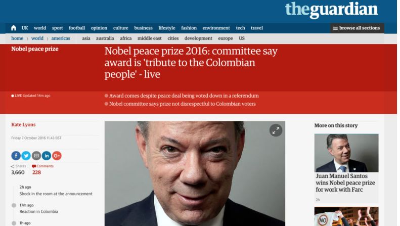 The Guardian — “Premio Nobel 2016: el Comité dice que el premio es un tributo a los colombianos”.