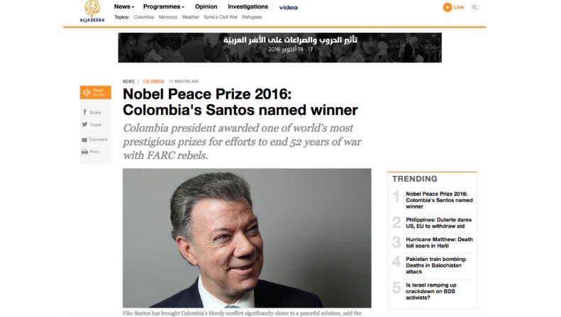 The New York Times — “El presidente de Colombia Juan Manuel Santos ganó el Premio Nobel de la Paz por buscar un acuerdo para acabar con un conflicto de 52 años con las FARC”.